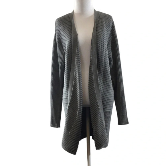 J. Jill Gray Ribbed Knit Cardigan Cotton Sweater Womens Medium‎ Open Front - Picture 1 of 10